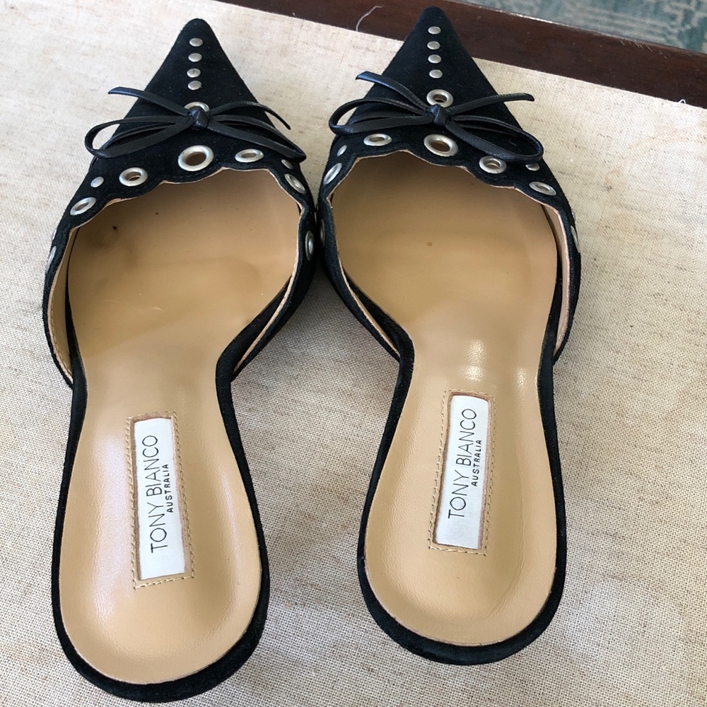 Tony Bianco Black Suede Pointed Toe Grommet Slip-On Mules - Picture 4 of 6